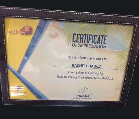 Aviva Certificate of Appreciation